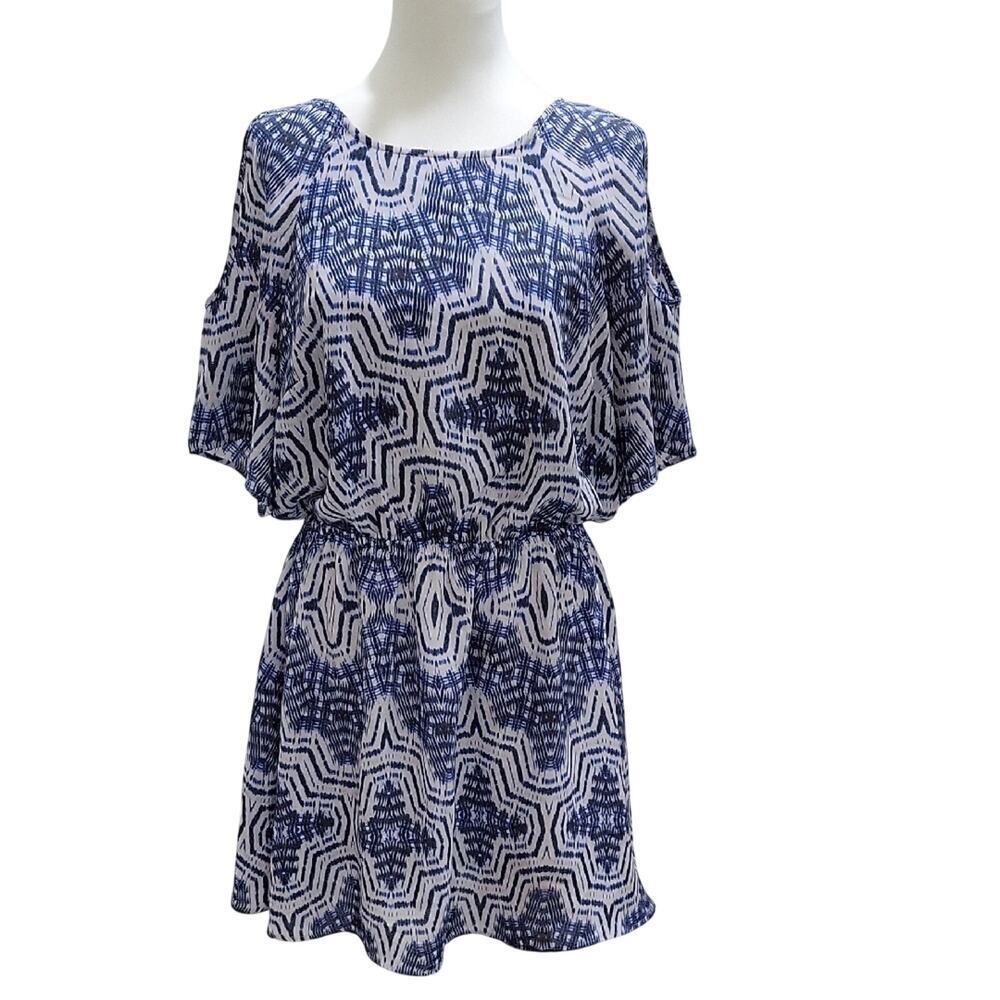 DR2 Blue & White Geometric Cold Shoulder Mini Dress Womens Sz L, Preppy, Coastal